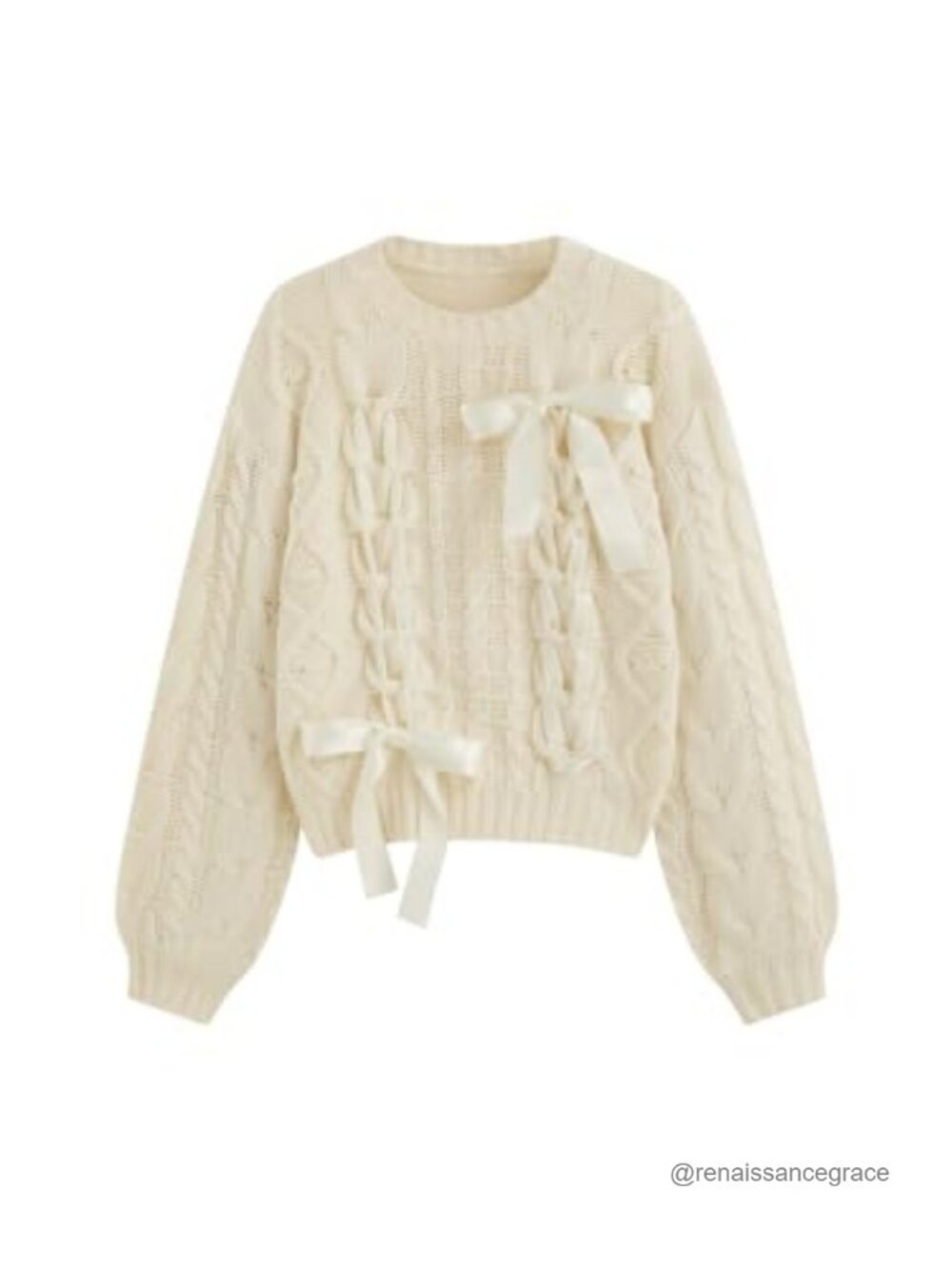 Cable Knit Cropped Sweater with Ribbon Bow Accents Balloon Sleeves